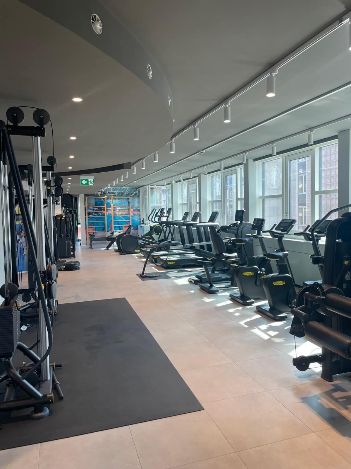 The gym floor at Sports Rehab Lugano: treadmills, exercise bikes and resistance machines along a wall of windows