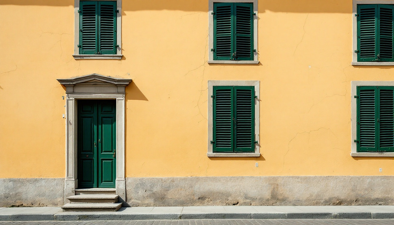 The front of a townhouse in hard midday sun, every window closed behind green louvered shutters and the street empty