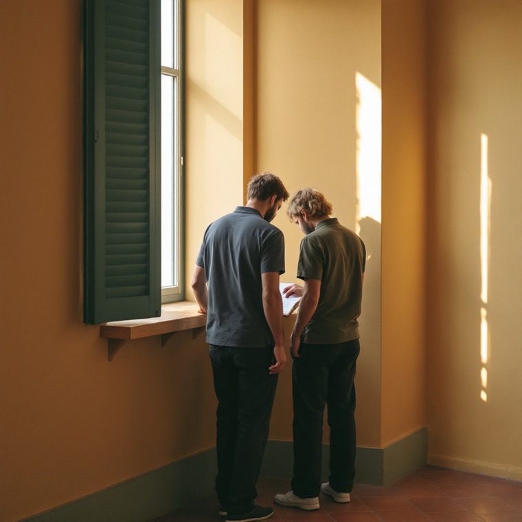Two clinicians reviewing a printed chart at a bench beside a shuttered window