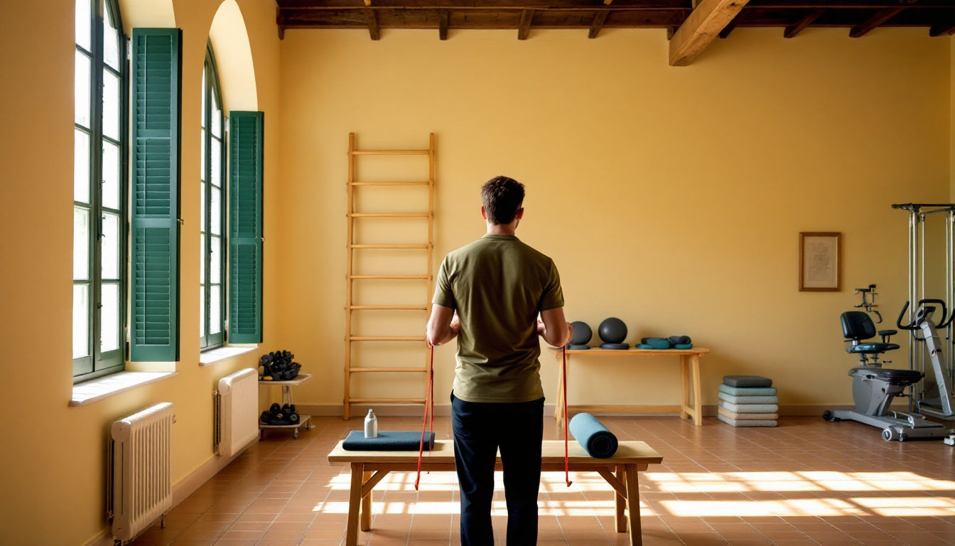 An outpatient rehabilitation gym with wall bars, an exercise bike and graded weights in warm daylight