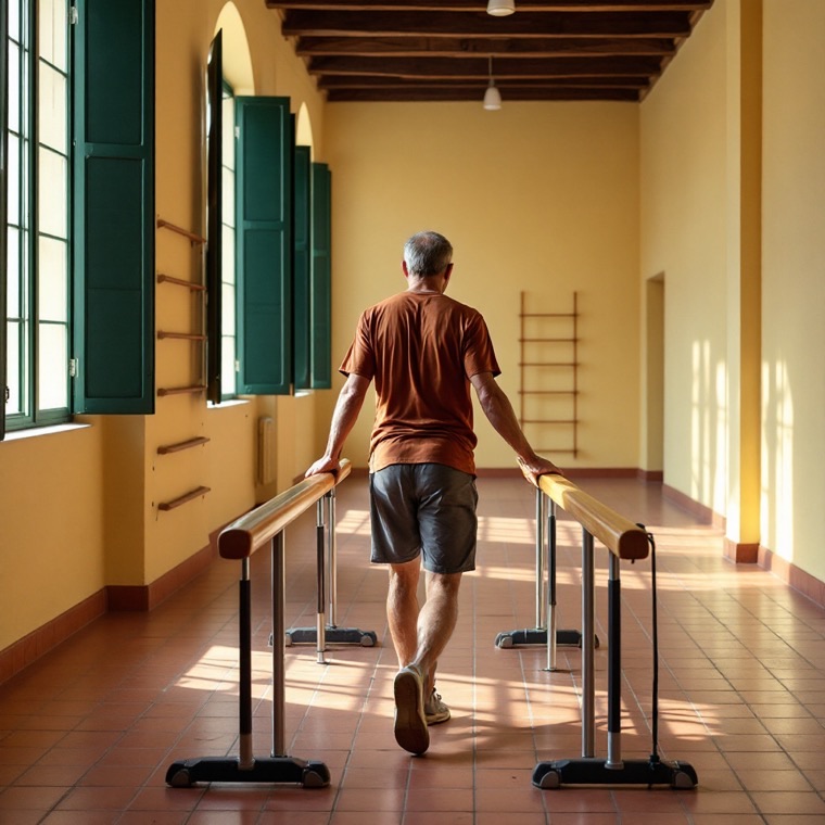 A rehabilitation gym in a converted stone building, with parallel bars and wall bars in warm afternoon light